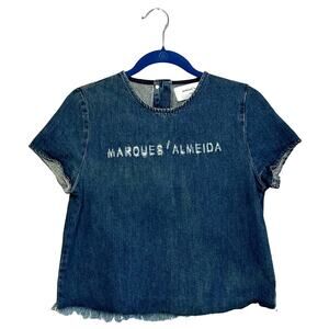 Marques Almeida Topshop Denim Distressed Short Sleeve Top Women's Sz 4 Blue Y2K
